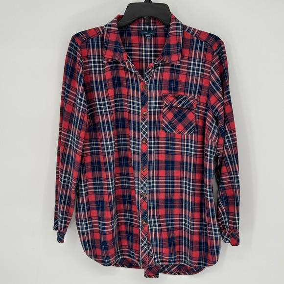 J Jill Denim Tops - J Jill Denim Women's Red Navy Plaid Button Down Shirt Size Petite Large Cotton